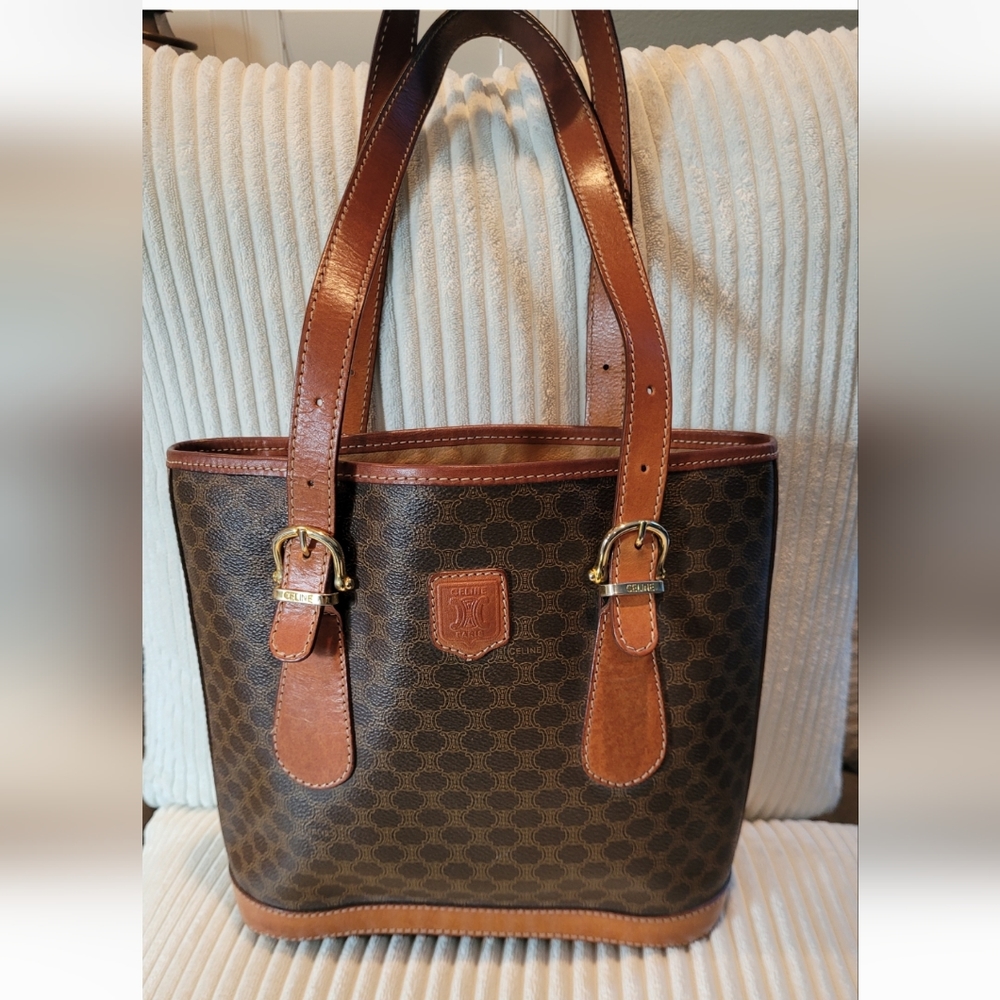 Celine Brown Patterned Shoulder Bag with Tan Leather Trim